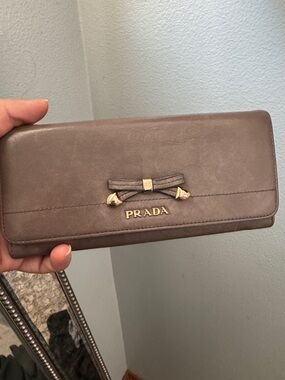 Prada Taupe Leather Bow-Trim Continental Wallet with Gold Hardware